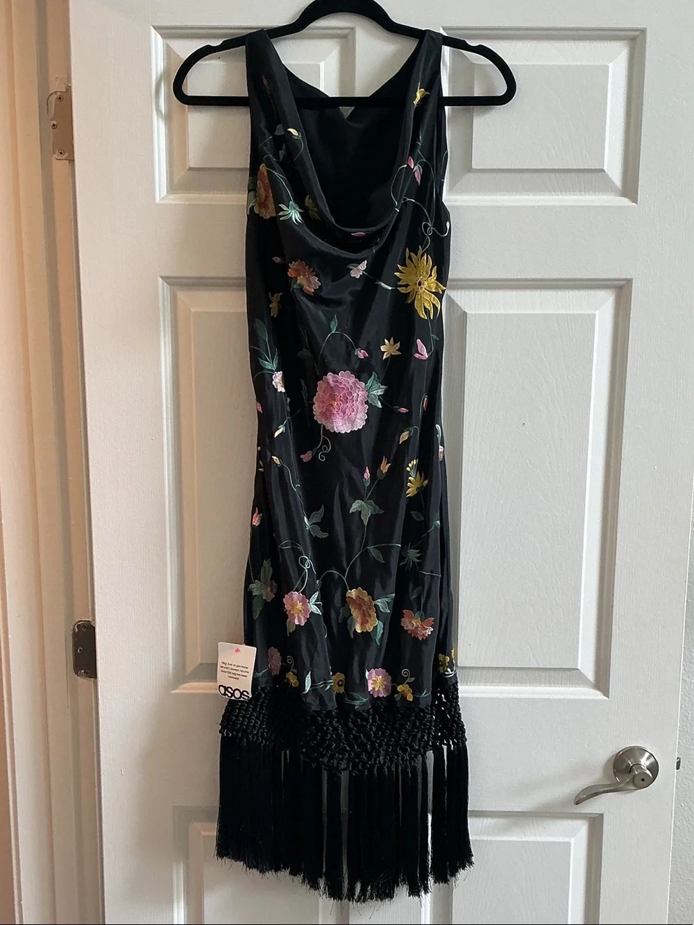 ASOS Black Floral Midi Dress with Fringe - Picture 1 of 2